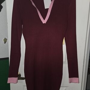 Riley & James Ribbed Knit Long Dress/ Sleeve in Burgundy and Pink